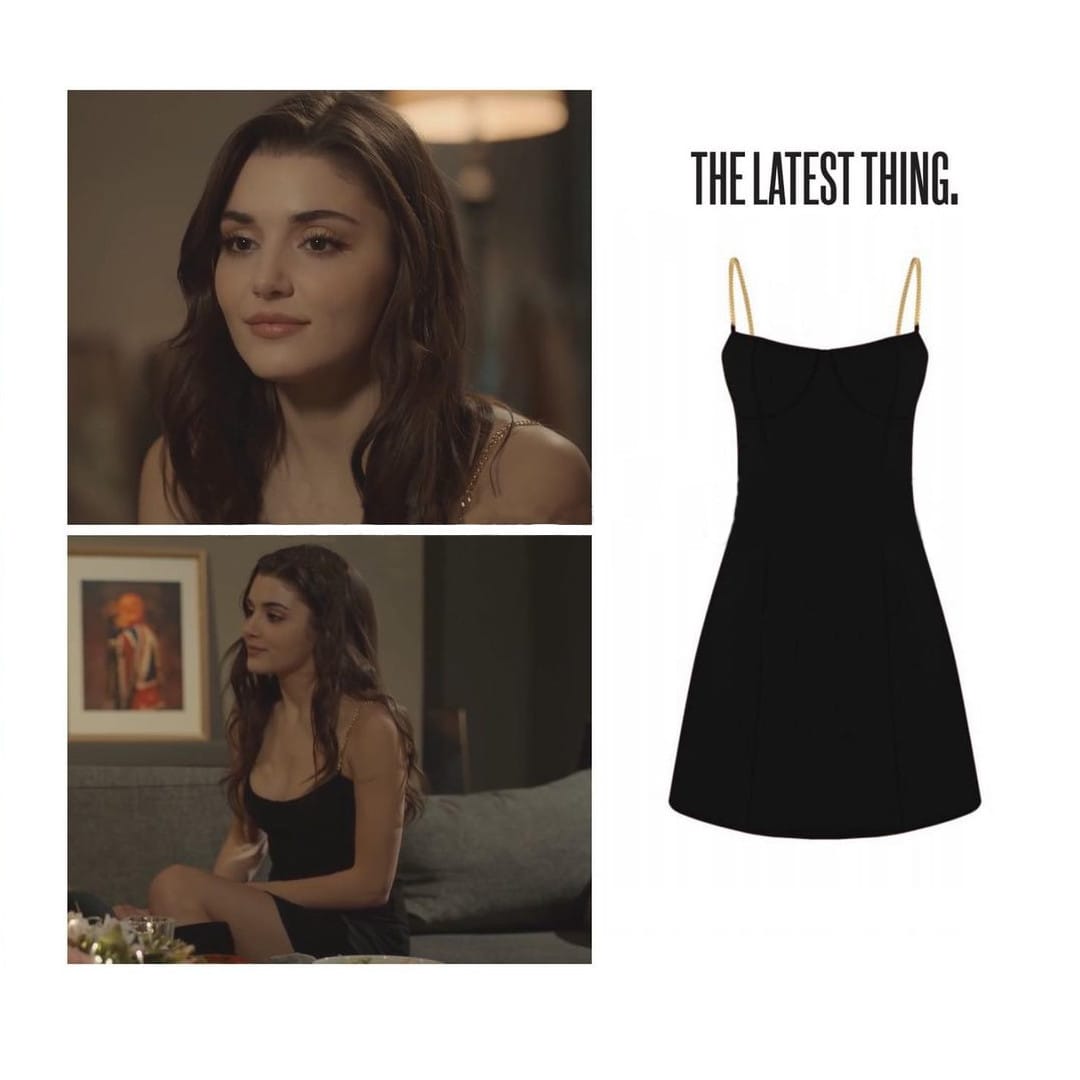 Chain Strap Black Mini Dress Worn By Hande Erçel