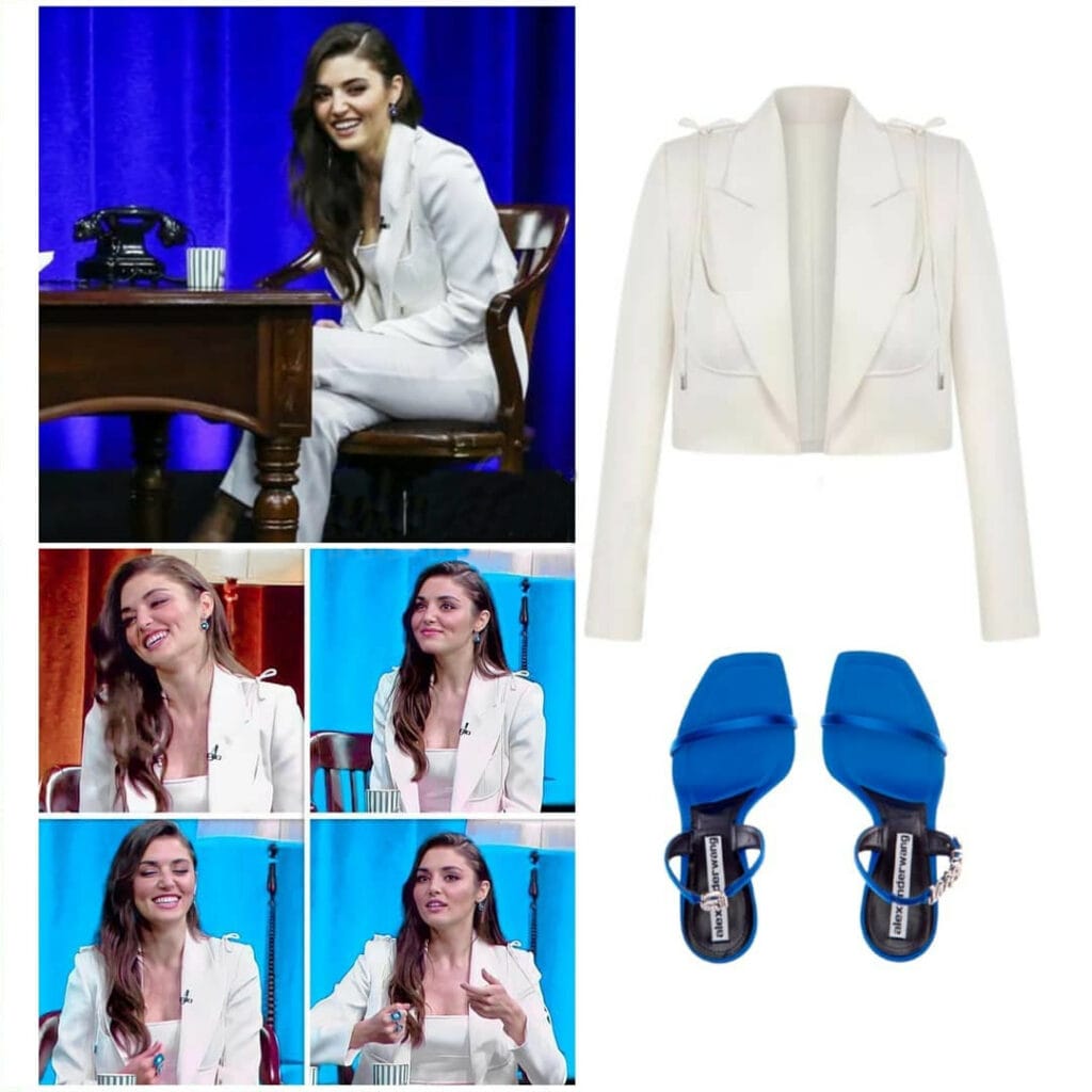 White Suit And Blue Stiletto Worn By Hande Erçel