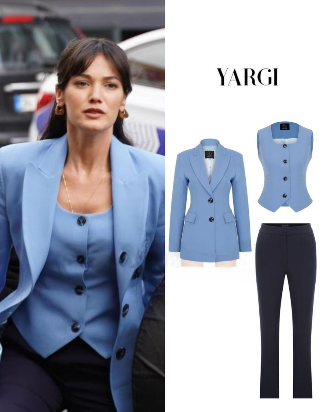 The blue and black suit worn by Pınar Deniz