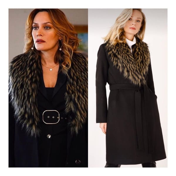 Fur Collar Black Topcoat Worn By Ebru Cündübeyoğlu